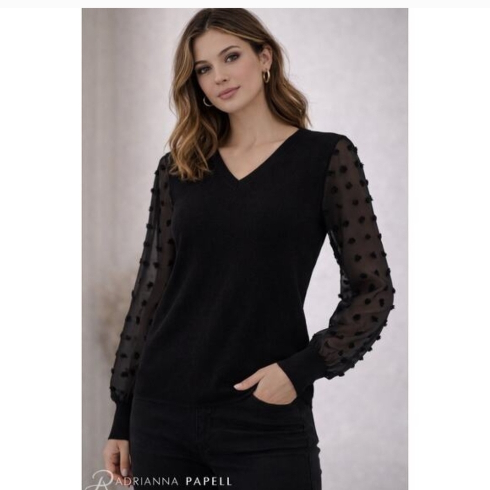Adrianna Papell Black V-Neck Sweater with Sheer Dot Bishop Sleeves